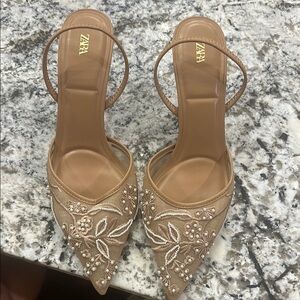 Zara Tan Heeled Sandals with Embellishments